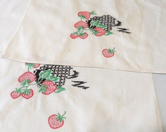 2 strawberry dish towels / vintage embroidered fruit kitchen towel set