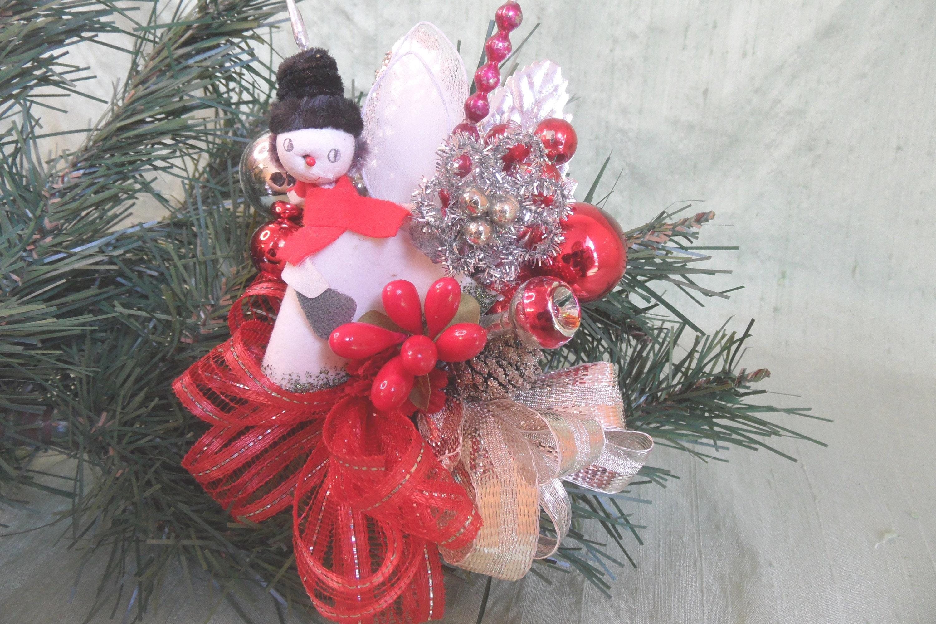 Snowman holiday corsage  / Christmas vintage red and silver brooch corsage / OOAK