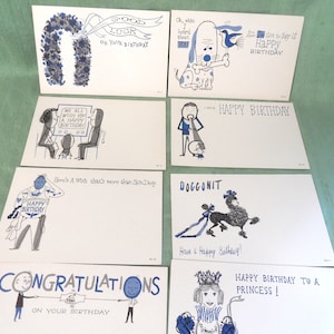 15 vintage Happy Birthday Postkarten / Pix-e-Notes 1952 / ungebraucht, 8 verschiedene / Pudel, Prinzessin, Megahorn