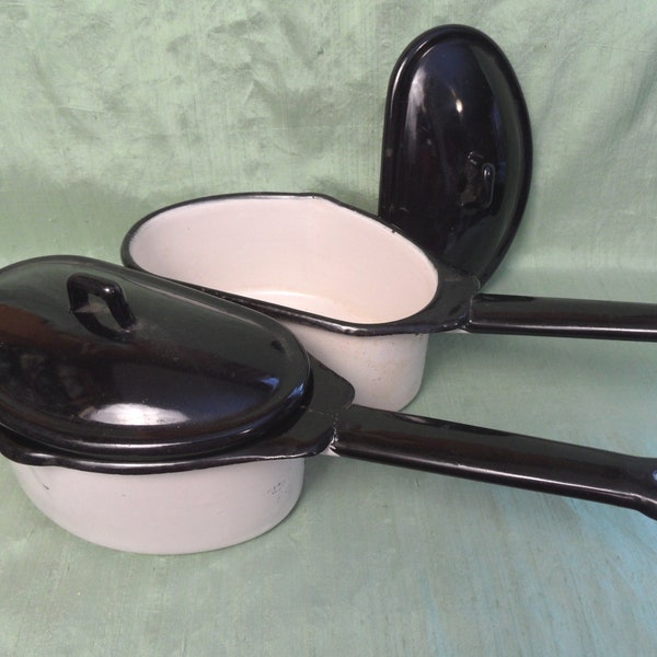 Pair of enamel pour pans / vintage black and white covered, handled pots / oblong, unusual enamelware w lid