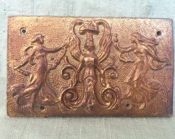 Brass clock case decoration embellishment, vintage dancing figures / ornamental furniture applique, mount