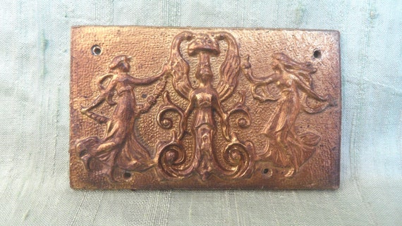 Brass clock case decoration embellishment, vintage dancing figures / ornamental furniture applique, mount