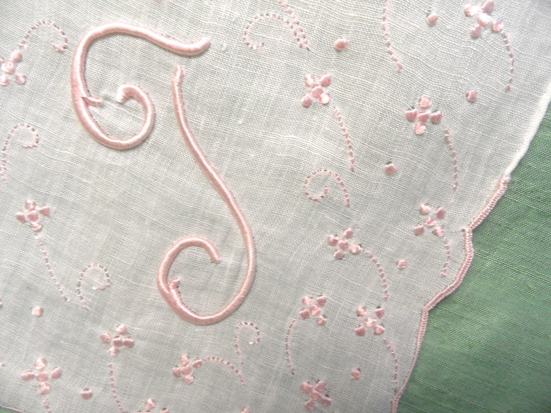 letter T Monogram T embroidered handkerchief pastel vintage hankie initial T