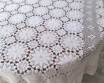 Crocheted tablecloth / 62" x 84", vintage, ivory, cotton, lace tablecloth