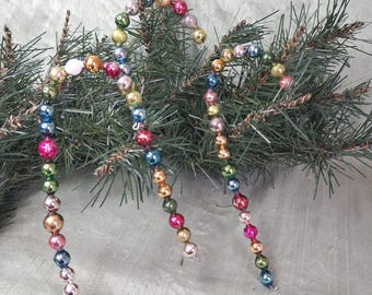 3 tall 'mercury' glass bead candy canes / 6" colorful vintage antique garland ornament