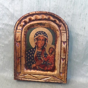 Religious mother child plaque icon Byzantine picture / gold gilt, wood / Old World Decor; Florentine style