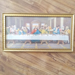 Textured wood picture frame / vintage Last Supper, religious
