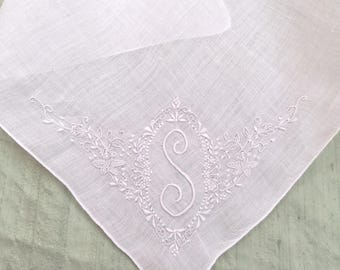 Monogram S embroidered linen handkerchief / initial S hankie / white on white / wedding hankie