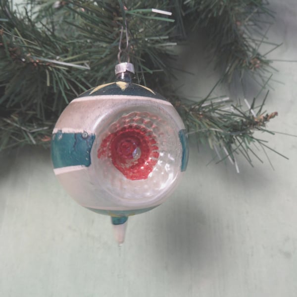 Double indent shabby and charming glass ornament / vintage painted Christmas tree reflector, as is