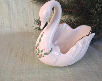 Lenox Christmas Holly Swan Dish / Vintage Trinket or Ring Storage