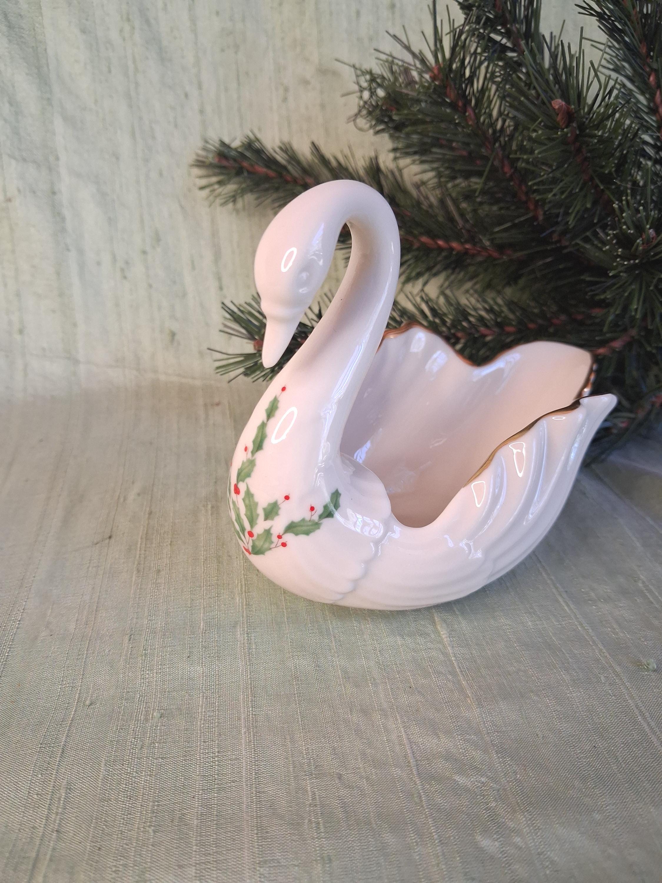 Lenox Christmas Holly Swan Dish / Vintage Trinket or Ring Storage