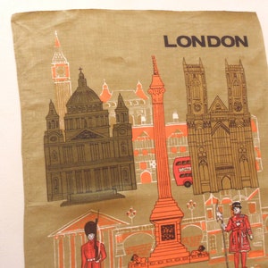London souvenir dish towel / vintage decorative kitchen tea towel; Irish linen