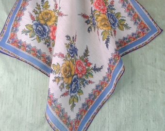 Blue floral handkerchief / vintage cotton hankie