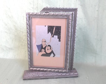 Swing picture frame / 4x6 image; antique vintage standing swivel pedestal frame /  carved wood frame in silver tone, Art Deco style