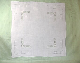 Pale pale blue or grey linen drawn work handkerchief / vintage hankie