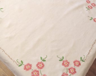 Embroidered ivory linen tablecloth / vintage pink and green floral card table size / hand embroidery