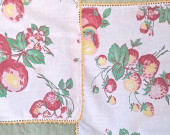 2 fruit napkins / vintage red and yellow w crocheted edge, napkin pair