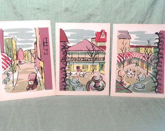 3 colorful prints / vintage WYLIE street, cafe, piazza scene pictures / quantity available