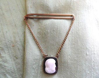 Cameo chain tie bar / vintage faux knight cameo tie clip, black and white tie chain