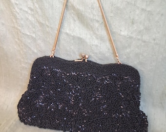 Black beaded and sequin evening clutch bag / vintage hidden handle purse