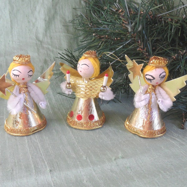 3 spun cotton head chenille and foil angel ornaments / vintage paper angels Made in Japan