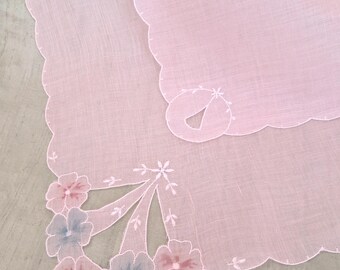 Pink and blue sheer hankie / vintage handkerchief