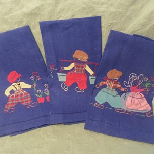 Three Dutch hand towels / vintage embroidered navy blue linen with appliques / guest hand towels or dish towels