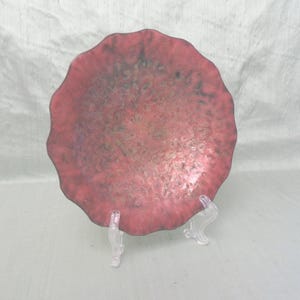Mid Century Modern copper enamel bowl / vintage mottled abstract in deep orange scallop dish 8&quot;