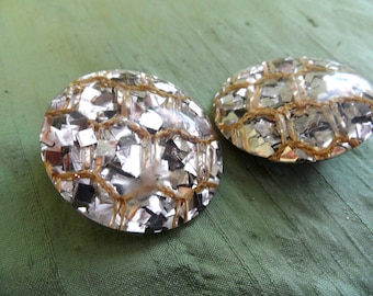 Lucite fleck clip on earrings / vintage silver and gold button earrings, confetti, mid century