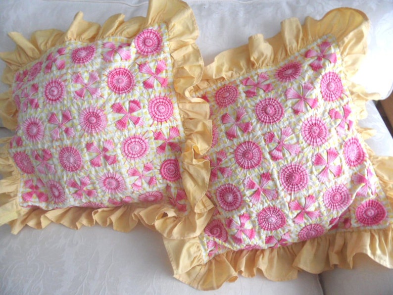 Embroidered Ruffle Toss Pillow Shams / Shabby Pink and Yellow Etsy