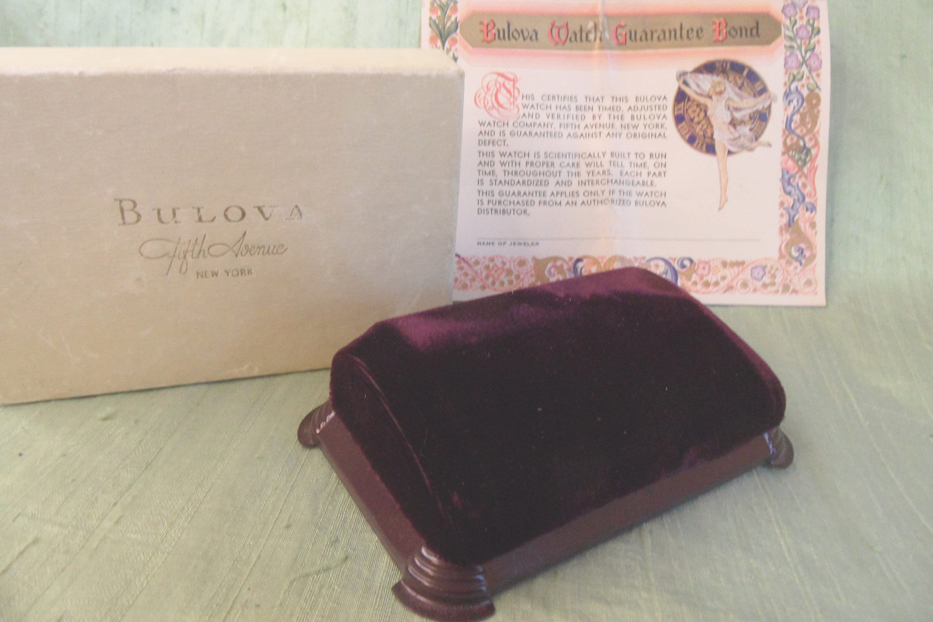 Vintage Bulova Watch Case / Burgundy Velvet Top, Art Deco 