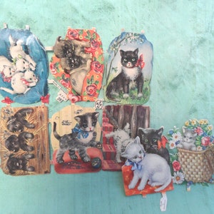 Resíduos de gatos e cães em cores vitorianas de Dresden alemãs, alguns com glitter / 8 peças