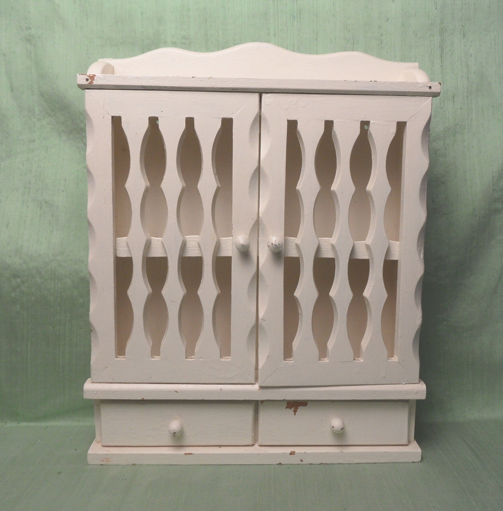 Hanging Shelf Cabinet With Doors Vintage White Painted Wood Shabby Decor Cut Out Shelf Spice Rack
