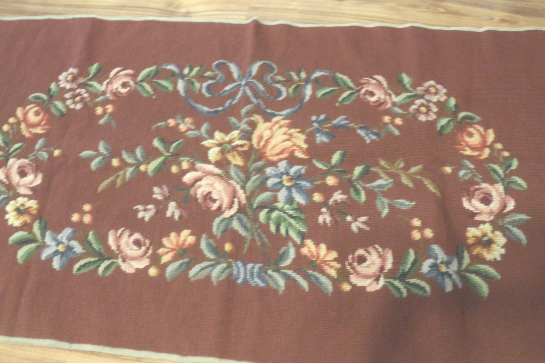 Large Needlework Bench Cover Panel / Vintage Burgundy Floral Piano ...