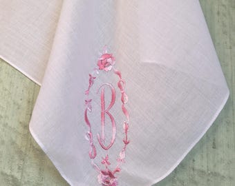 Monogram B embroidered handkerchief / pink and white hankie / letter B, initial B