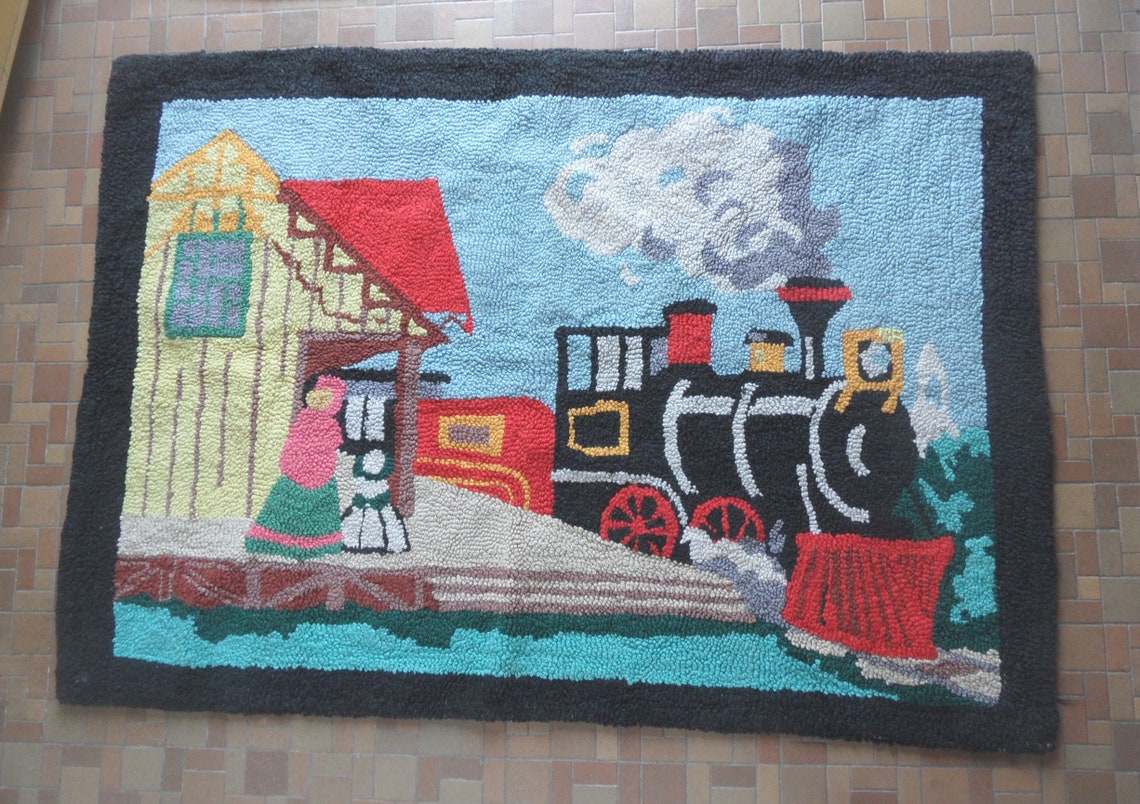 Hooked Rug With Train Design / Vintage Retro Nursery Etsy