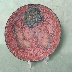 LOVE Mid Century Modern copper enamel dish / vintage shades of light orange 7-5/8&quot;