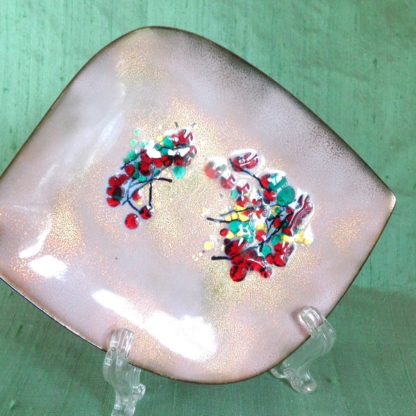 Pink and red copper enamel dish /  vintage small asymmetrical mid century modern decor / 6.25"