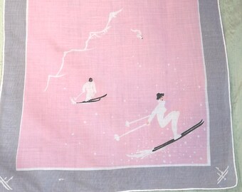 Snow skiing handkerchief / vintage pink and grey hankie