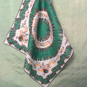Green and brown floral cotton handkerchief / vintage hankie