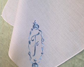 Monogram F embroidered handkerchief / shades of blue hankie / initial F letter F