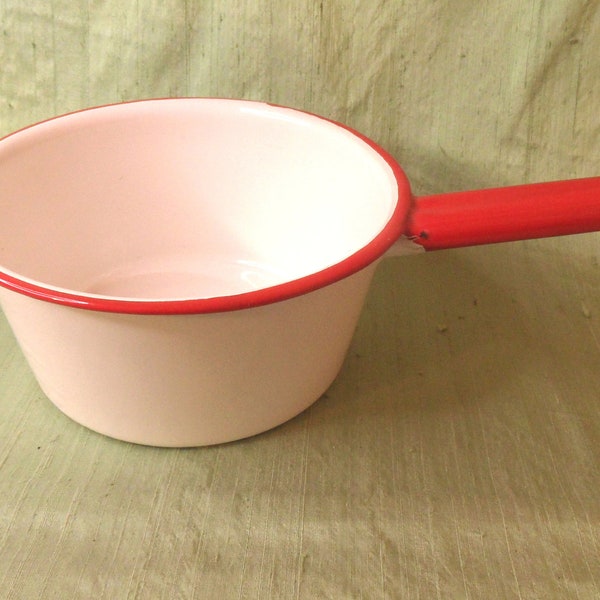 Enamel sauce pan / vintage red and white handled, 6 inch