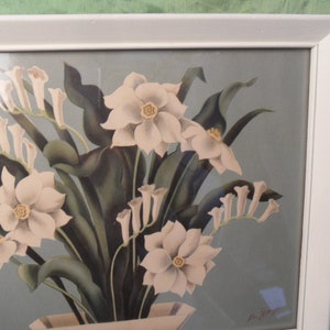 Gebroken witte ingelijste bloemenprint / vintage de Jonge houten fotolijst met glas / 10" x 12"