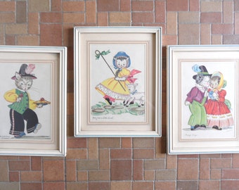 3 framed nursery rhyme K Townsend prints / vintage litho / anthropomorphic cats
