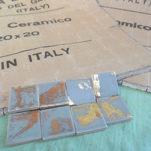 2 mosaic tile sheets / vintage 1950 Italy NOS tile lot / mid century modern grey and gold pieces, Ceramica Lurano Italy