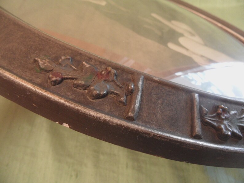 Decorated wood frame with convex bubble glass antique vintage toddler with domed glass boy picture