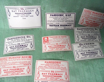 45 various pharmacy labels / vintage apothecary label lot / 1930 Rx destash