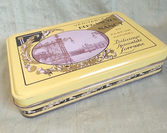 Bergamotes De Nancy Tin / vintage hinged yellow candy container