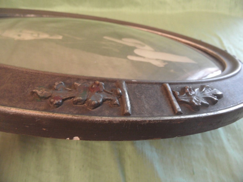 Decorated wood frame with convex bubble glass antique vintage toddler with domed glass boy picture