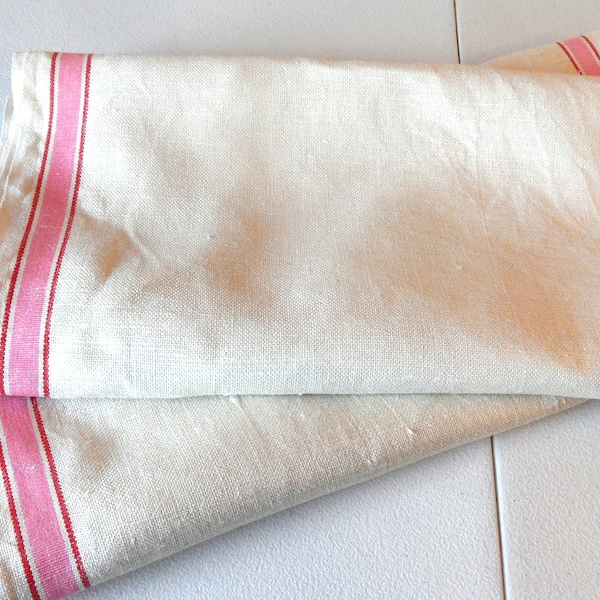 2 pieces of pink striped linen toweling fabric / vintage mangle cloth, circular sewn